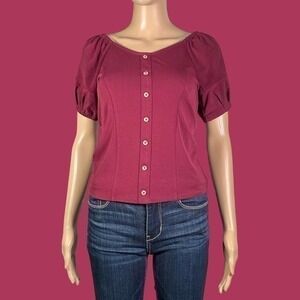 NWT Express Burgundy Faux Button Up Puff Sleeve Top Size Small - "Aaren"